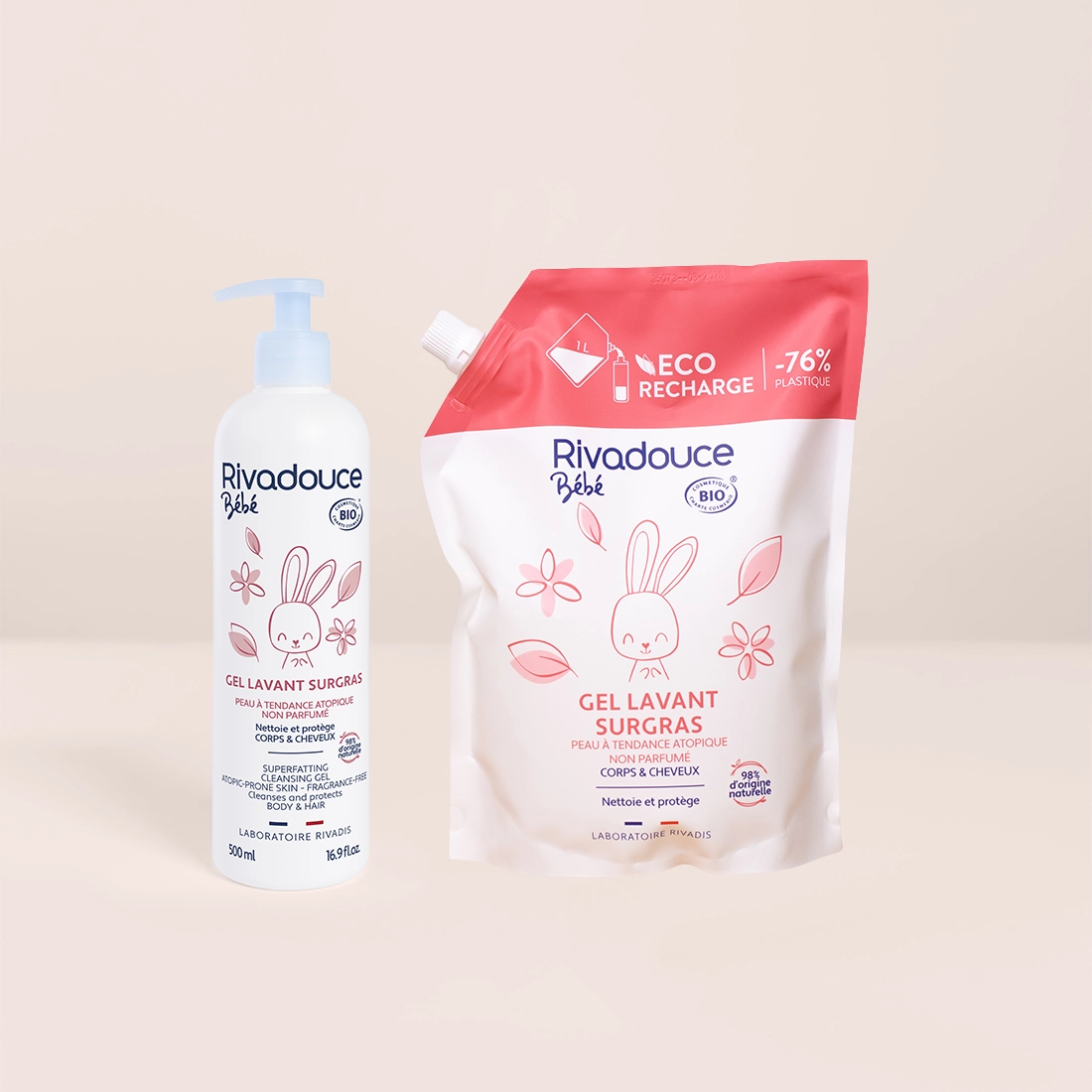 Lot flacon 500ml + recharge 1000ml gel lavant surgras bebe