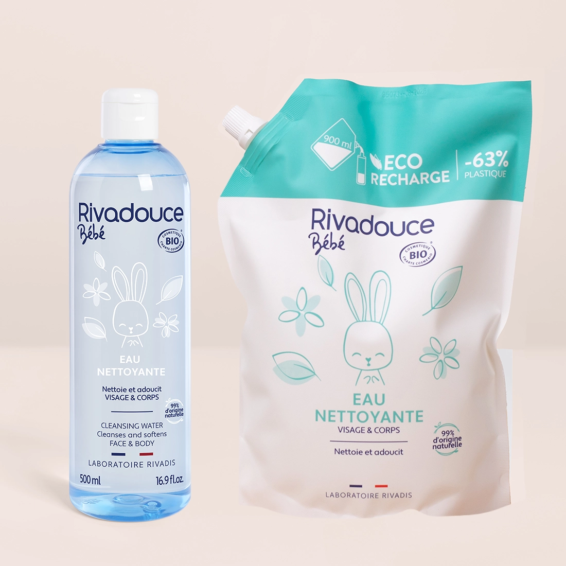 Lot flacon 500ml + recharge 900ml eau nettoyante bebe