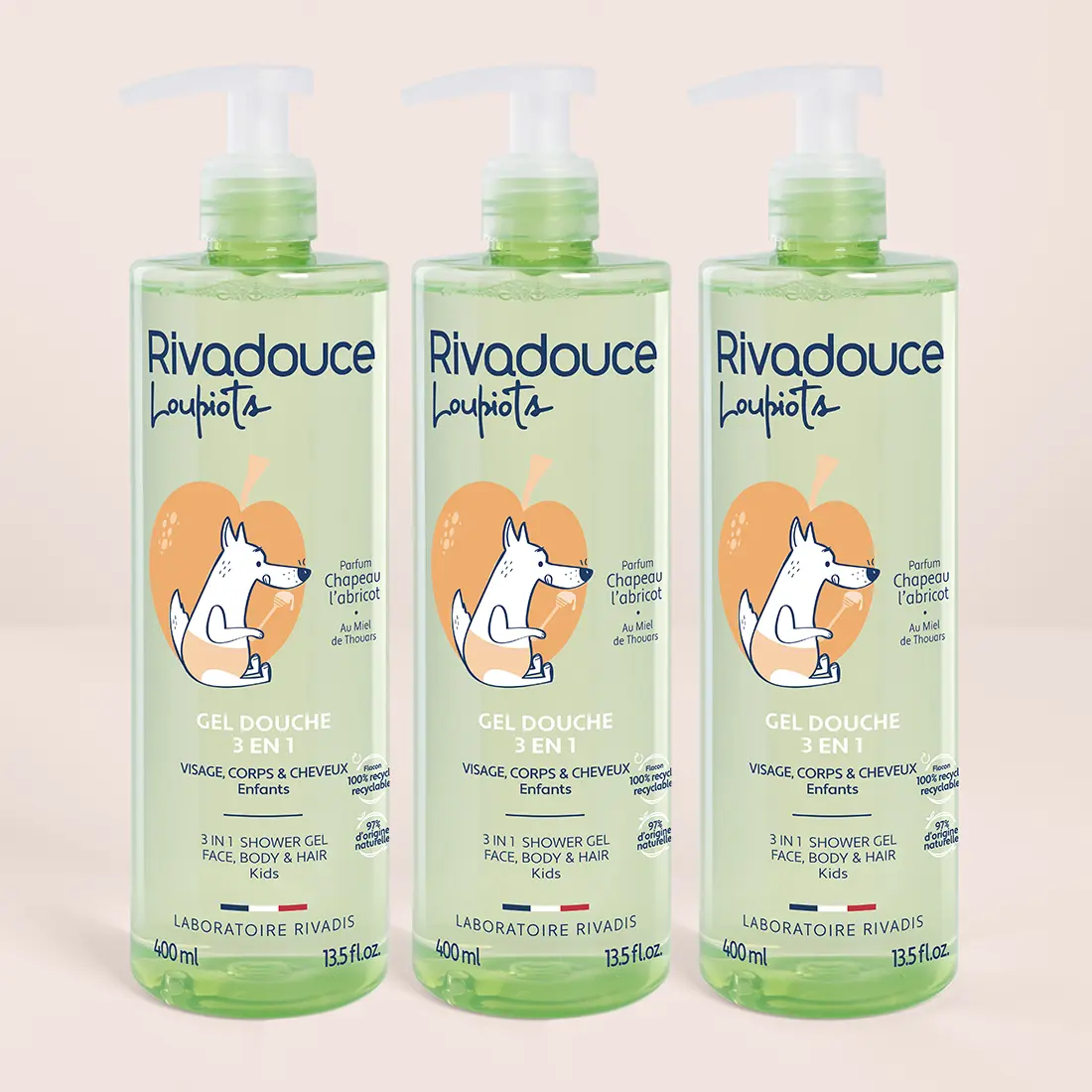 LOT DE 3 GELS DOUCHE 3EN1 LOUPIOTS CHAPEAU L'ABRICOT 400ML