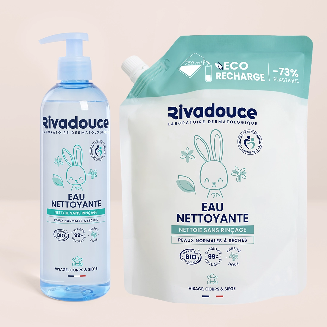 Lot flacon 500ml + recharge 900ml eau nettoyante bebe