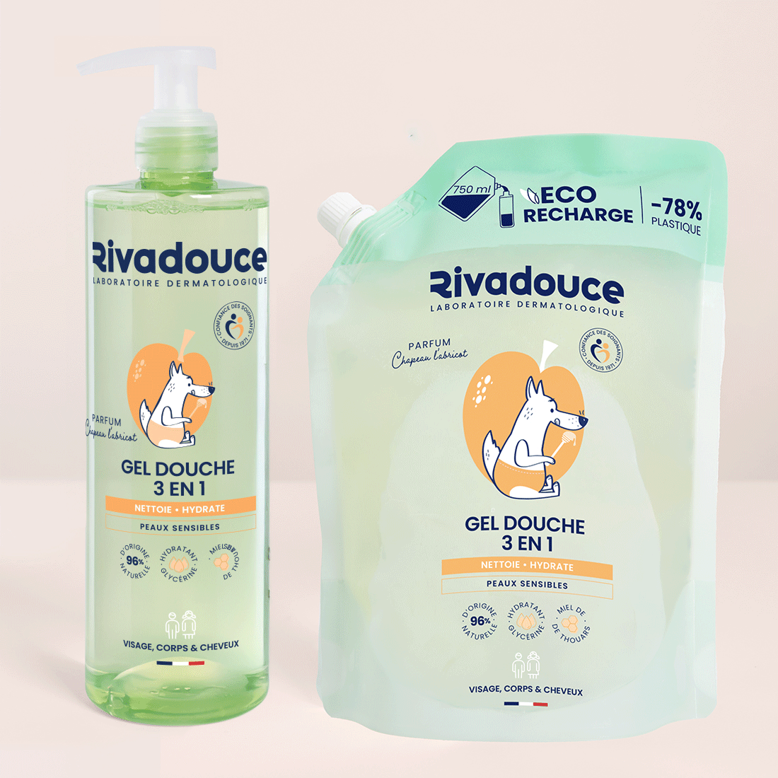 FLACON 400ML + RECHARGE 750ML GEL DOUCHE LOUPIOTS ABRICOT